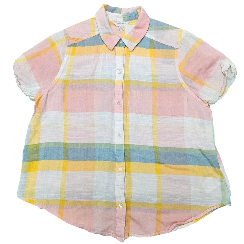 Lucky Brand Button Down Shirt Women M Multicolor Pastel Plaid Top Coastal Preppy